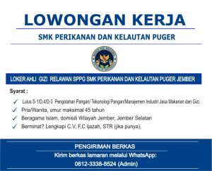 Read more about the article LOKER AHLI  GIZI  RELAWAN SPPG SMK PERIKANAN DAN KELAUTAN PUGER JEMBER